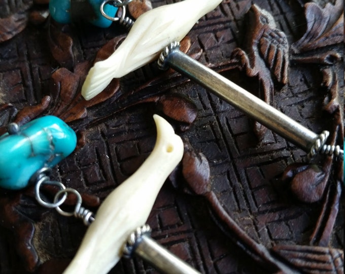 Vintage Native American Carved Bone Birds With Untreated Turquoise