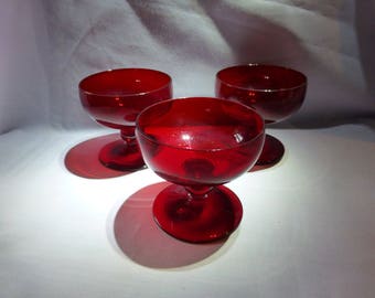 Vintage Red Glass Sundae Dishes, Set Of Three Dishes On A Pedestal Base, Ornamental Red Glass Dishes/Candle Holders, Gift Ideas.