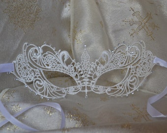 White Lace & Diamante Masquerade Mask - Weddings, Valentine's Day Gift, New Years, Balls, Proms, Christmas Party