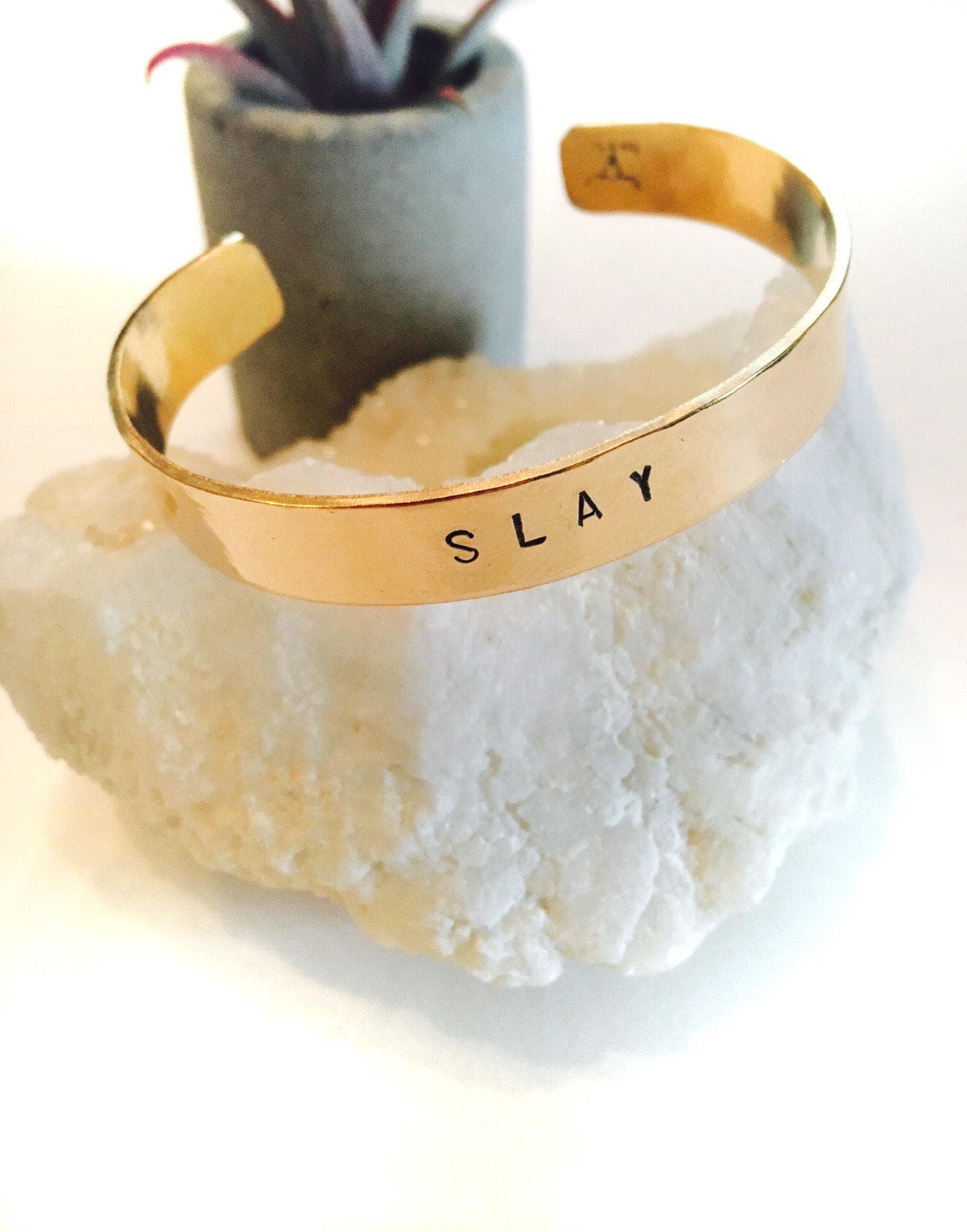 SLAY cuff// metal stamped bracelet// inspirational jewelry// metal cuff// gold cuff// sterling silver cuff// slay all day// women