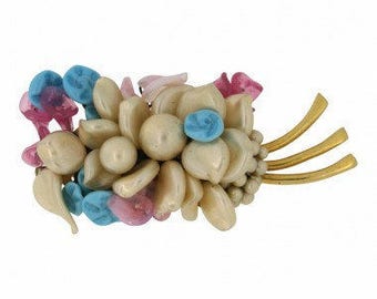 Louis Rousselet Pink, Blue and Faux Pearl 1950s French Vintage Gold Tone Brooch