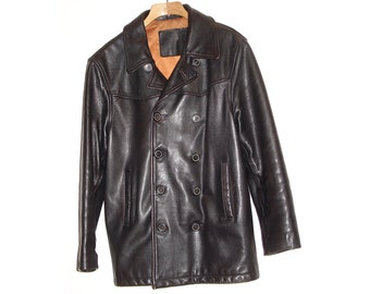 Vintage Schott Leather Jacket Black Cowhide Leather Double Breasted Peacoat Size Medium 1990's