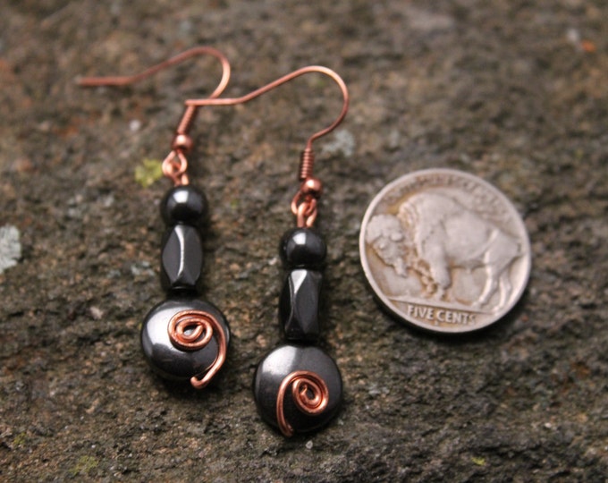 Metallic Hematite Bead Earrings with Copper Wire Wrap Spiral Swirl and Copper French Hook Earrings, Dangle and Drop Earrings, Gift for Her