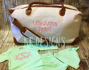 Seersucker Weekender Bag, Hospital Baby Bag, Coming Home Bag, Monogrammed Bag, Embroidered Bag, Pink Bag, Navy Bag, Kid's Luggage