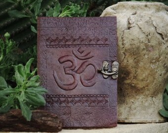 Leather Bound Journal - Engraved Leather Sketchbook Om Symbol - Leather Notebook Bronze closure