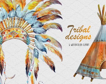 SALE - Watercolor Tribal Designs,WeddingTeepee,Kids Teepee, Chief, Headress Clipart Images