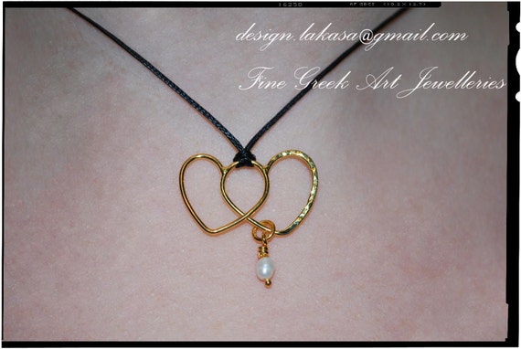 Hearts Necklace Silver 925 Gold-plated with Pearl Jewelry Lakasa e-shop