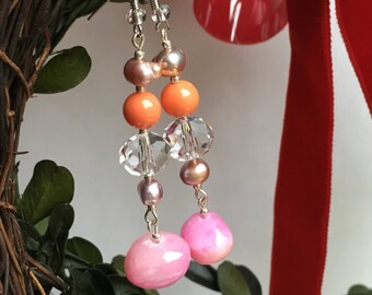 pink orange crystal pearl earring