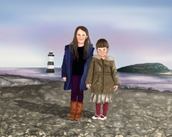 Family Portrait, Custom Sibling Portrait, Digital Painting of Two Members of Family, Art Commission, Personalised Portrait of Siblings