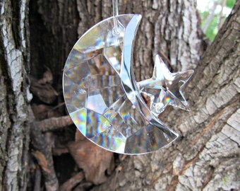 Crescent Crystal Moon with star, 40mm crystal, crystal prism, suncatcher, rainbow maker, feng shui, crystal suncatcher, crescent moon