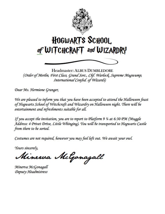 Harry Potter Acceptance Letter Invitation