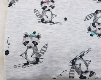 Jersey fabric Skiing Raccoons, kids clothing, handmade, dress, birthday, gift for her, mum, leggings, accessories, pyjamas, sewing