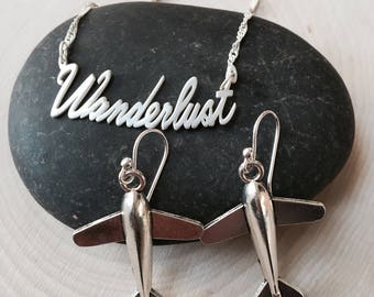 Wanderlust necklace and airplane earrings set