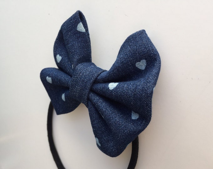 Denim hearts fabric hair bow