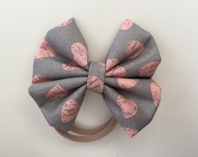 Gray with pink hearts fabric hair bow or bow tie