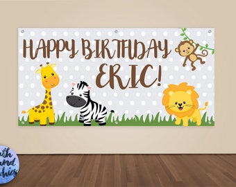 Jungle Happy Birthday Banner - Personalized Zoo Photo Backdrop - Custom Safari Birthday Banner Sign - Monkey Lion Birthday Vinyl Backdrop