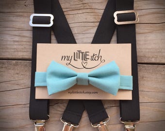 Turquoise Bow Tie with Black Suspenders, Cake Smash Outfit Boy, Baby Suspenders, Boy Suspenders, First Birthday Outfit, Newborn Photo Prop