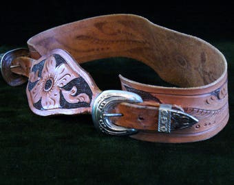 Vintage Pressed Tin and Tooled Stamped Leather Two Piece Cap Gun Belt