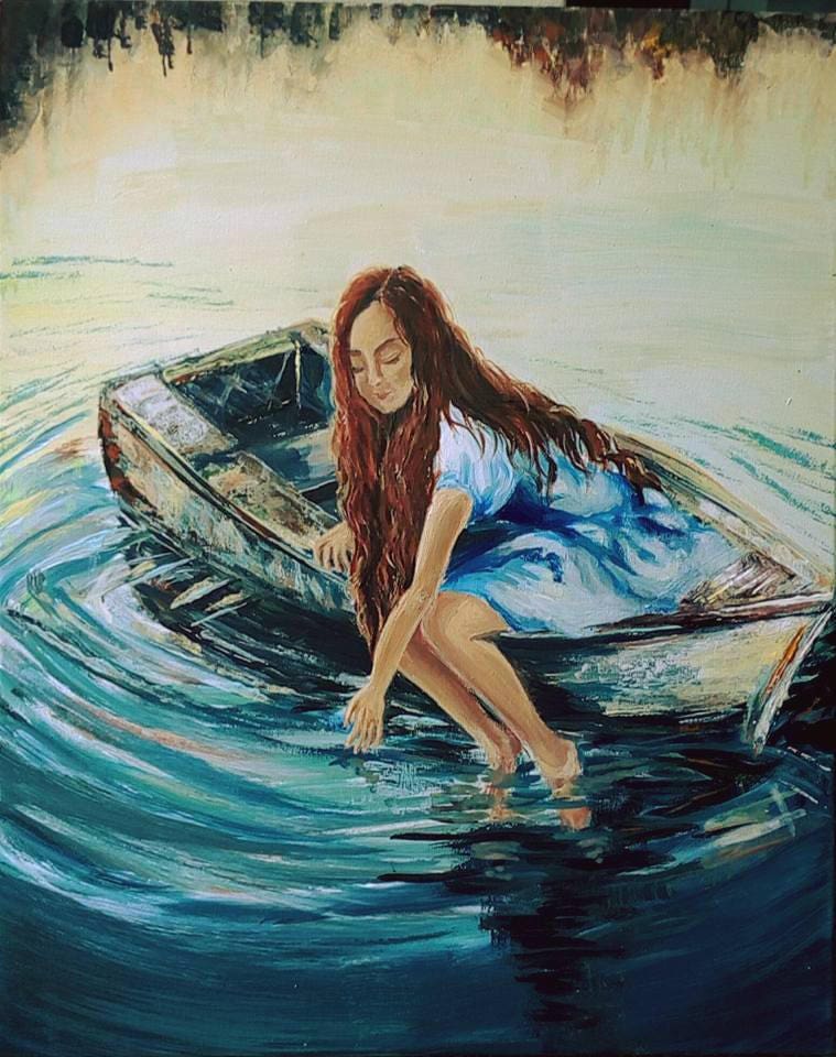 A girl in the boat 40x50 cm Original acrylic paintings on
