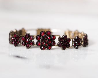 Antique Victorian Bohemian Garnet Flower Link Bracelet Heirloom