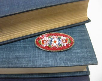 Vintage Italian Oval Shaped Micro Mosaic Pin