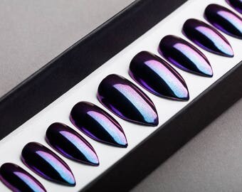 Purple and Blue Mirror Press on Nails | Nude Nails | Handpainted Nail Art | Fake Nails | False Nails | Unicorn Nails | Chrome nails