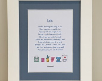 Lover of Lists Print, List Mad Poem, Lists Print, Gift for Her, Friend, Mum, Mom Mother's Day, Her Birthday