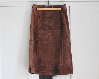 Rare Suede Embroidered Women Maxi Skirt Rene Derhy Long Skirt Vintage Retro Vintage Women Beige Natural Leather Unique Size Small