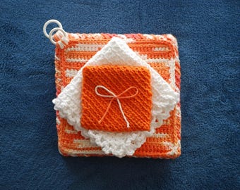 Poppy Coquelicot: Set of 4 (four) Handmade, One-of-a-Kind Kitchen Kit * Dish Rag * * Hot Pad * * Pot Holder * * Dish Scrubby * * Crochet *