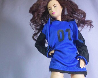 Barbie clothes: blue Jersey dress with 01 printed at front and blue-black jacket