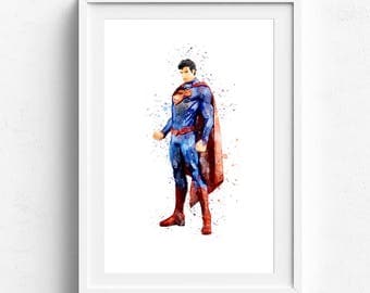 Superman print, superman poster, superman watercolor, superhero prints, prints for boys, super hero print, superman home art, kids wall art