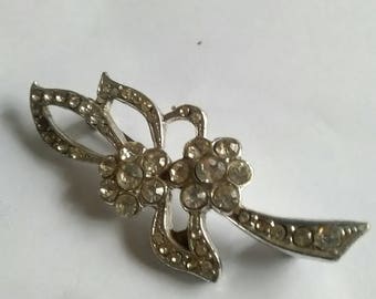Vintage White Metal Diamante Brooch In A Floral Design