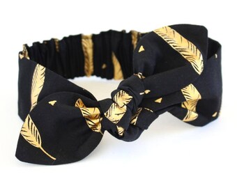 Feather Gold baby headband, Black gold feather Baby, knot baby headband, girls headband, metallic gold black, black feather headband