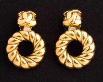 Chanel CC Logo Vintage Clip on Hoop Earrings