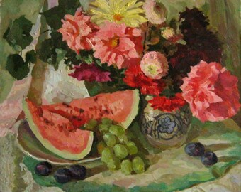 Still life with watermelon. Oil on canvas. Realistic still life painting. 2016