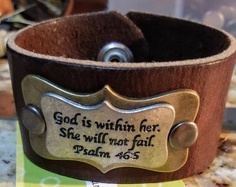 Leather Cuff Bracelets / God is Within Her, She will Not Fail.