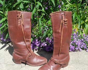 Leather boots vintage laces - made in France - decorative buckle - size 37 / 38