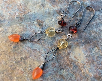 Citrine, CARNELIAN and GARNET linear earrings, oxidized sterling silver, Multi gemstone earrings
