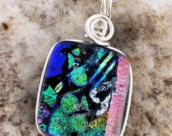 SMALL Dichroic Glass Pendant Pretty Multilayered Wire wrapped