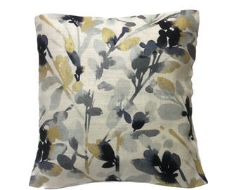 Decorative Floral Leaf Bud Print Pillow Cover Gray Black Gold Metallic Light Taupe Background Toss Throw Accent 18x18 inch x