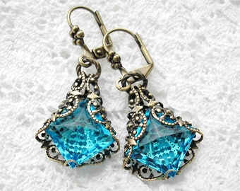 Out of the Mist - Aquamarine Earrings Filigree Wrapped Glass Jewel Earrings