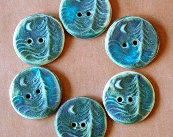6 Handmade Ceramic Buttons - Moon over Cedars Buttons in Deep Moss Green Stoneware - Woodland Buttons - Knitting Supplies