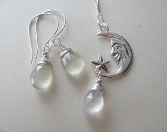 Necklace and earrings. Moon stone and moon sterling silver pendant