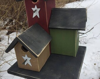 Primitive Country Condo Birdhouse Red Green Tan Three Nesting Boxes