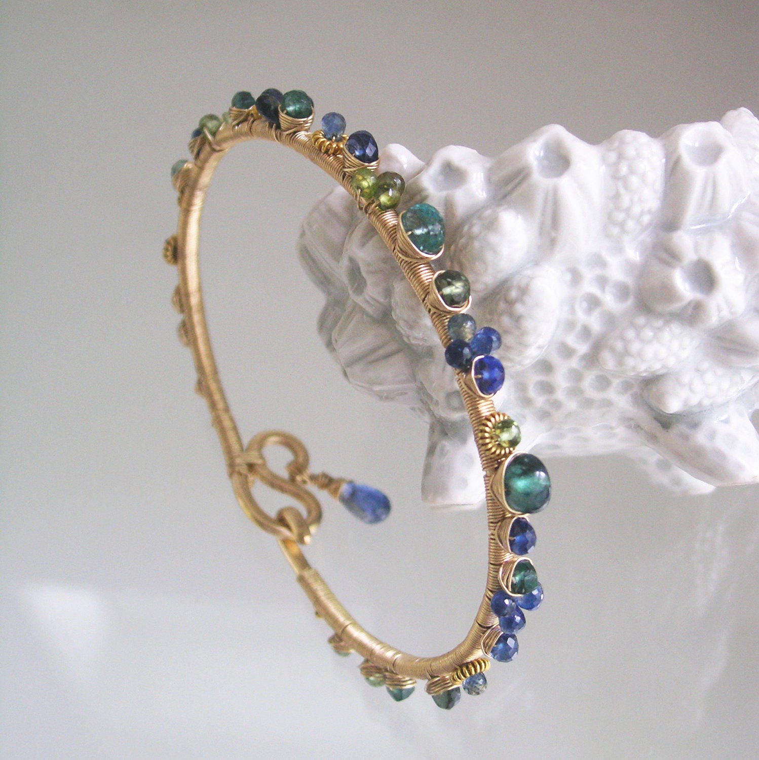 Blue Sapphire Bangle Gold Filled Wire Wrapped Bracelet