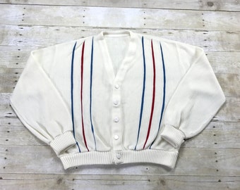 Vintage 1960s 60s Red / White / Blue Striped Cardigan Sweater Menswear Mens Size XS