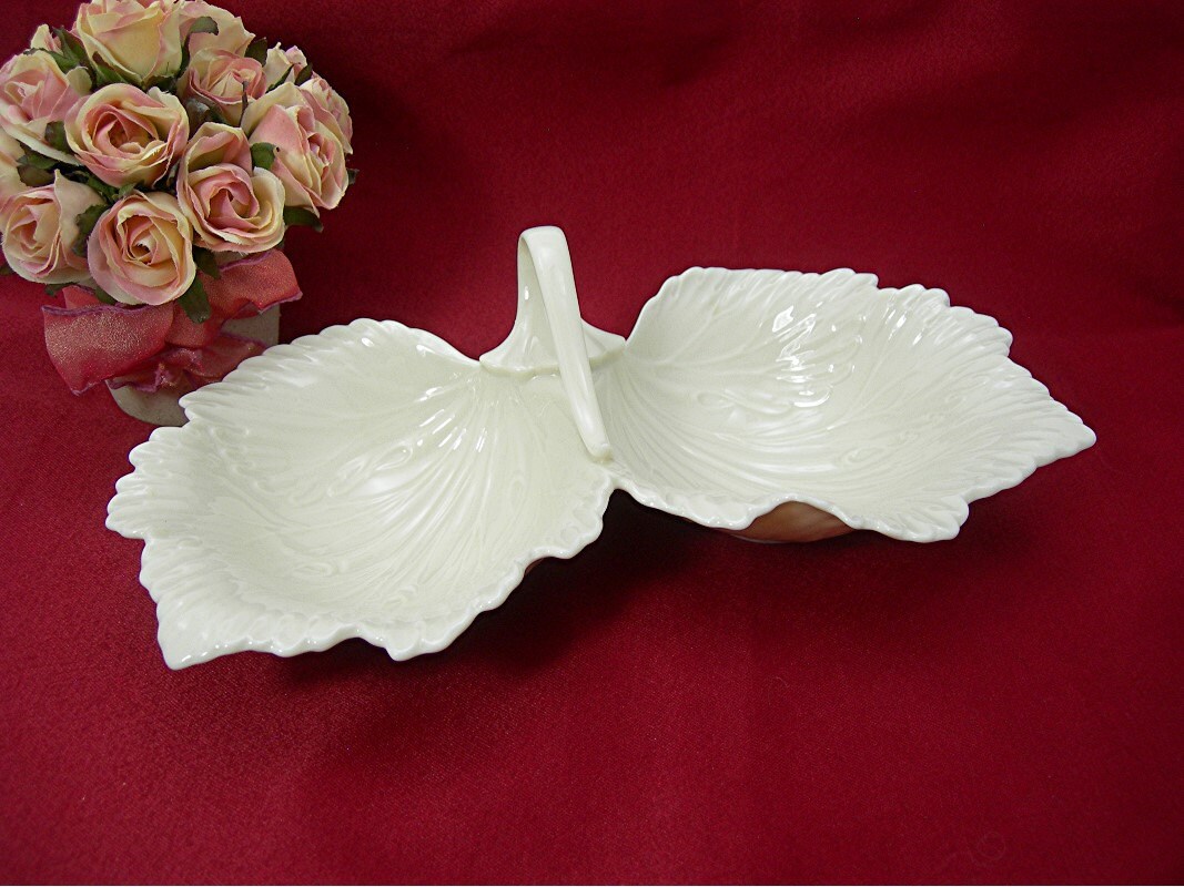 Lenox China Handled Candy Dish Double Cupped Leaves Sections