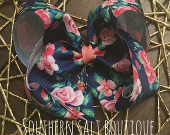 Navy Floral Bow -Boutique Hair Bow - Girls Hair Bow