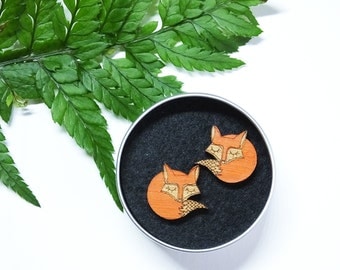 Fox Earrings, Fox Stud, Fox Jewellery, Wooden Studs, Fox Gifts for Her, Valentines Day Jewellery, Foxy Jewellery, Quirky Earrings
