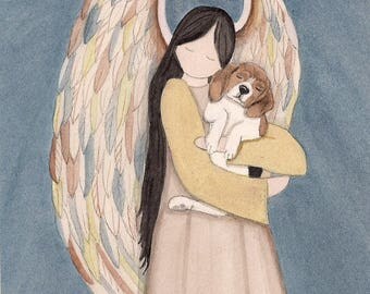 Beagle cradled by angel / Lynch signed folk art print
